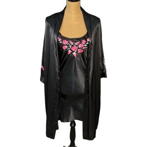 Y2K Bali Studio Slip Dress & Robe Womens Large Black Rose Embroidered Whimsigoth